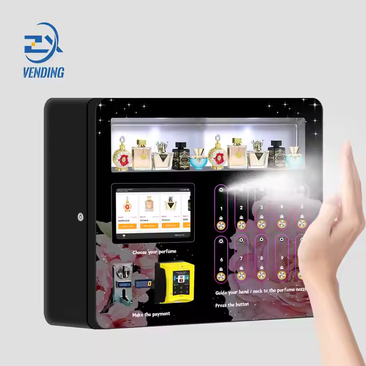 Perfume spray vending machine dispensing fragrance toward a raised hand