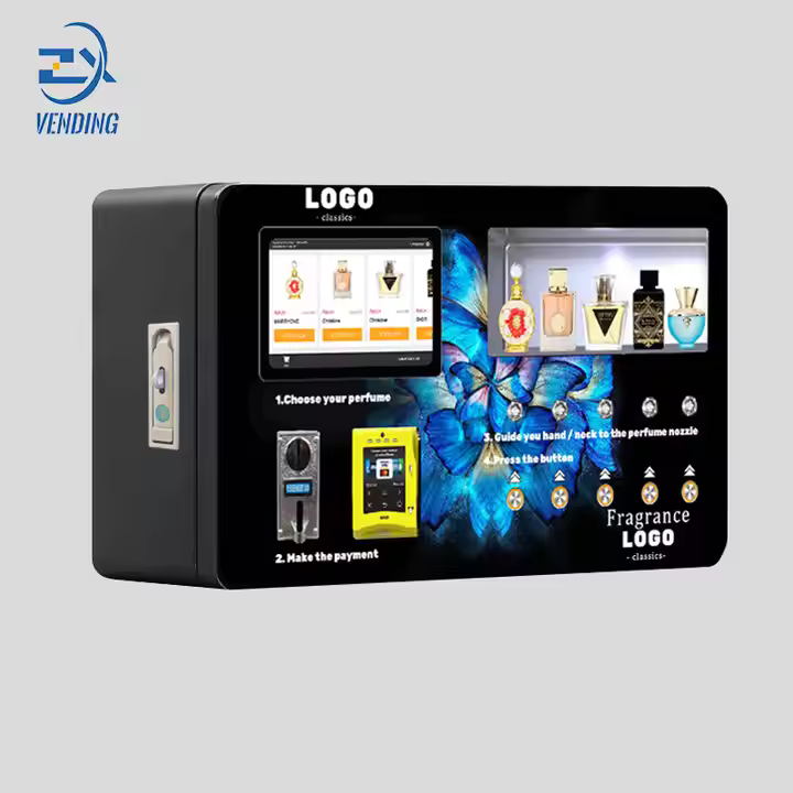 Wall-mounted perfume spray vending machine with a touchscreen and blue butterfly design