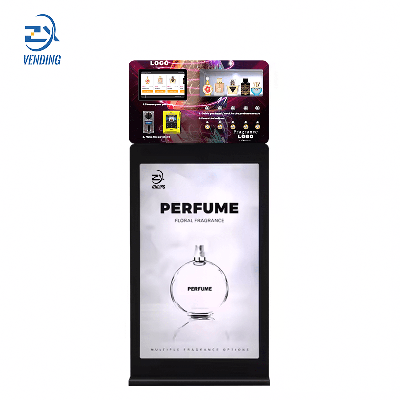 Freestanding perfume spray vending machine with a touchscreen and large front display